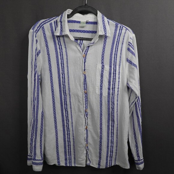 Womens Top Small Blue White Sheer Woven Coastal Cool Artsy Boho Oversized - Picture 1 of 11